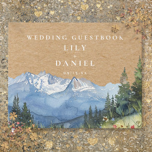 Rustic Kraft Watercolor Mountain Floral Wedding Guest Book