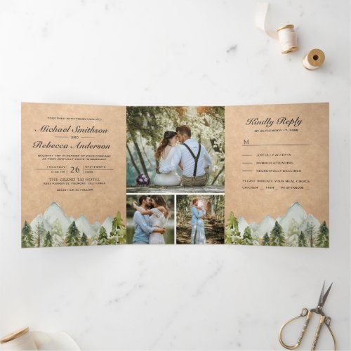 Rustic Kraft Watercolor Mountain Pine Tree Wedding Tri_Fold Invitation