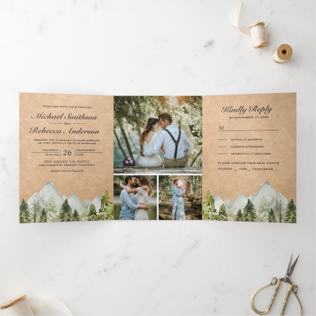 Rustic Kraft Watercolor Mountain Pine Tree Wedding Tri-Fold Invitation (Inside)