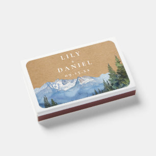 Rustic Kraft Watercolor Mountain Wedding Matchboxes