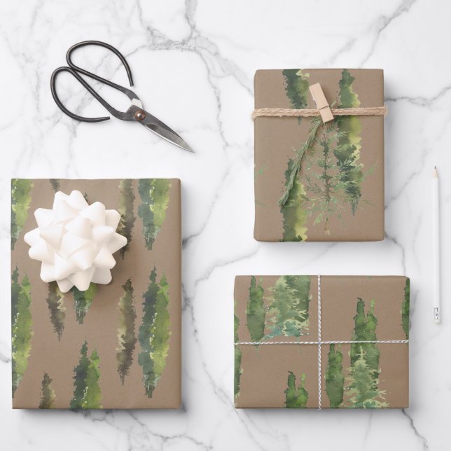 Rustic Kraft Watercolor Woodland Evergreen Trees Wrapping Paper Sheets (Front)