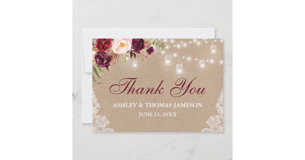Rustic Kraft Wedding Floral Jar Lights Lace Thank You Card | Zazzle