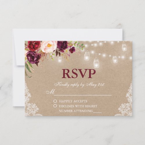 Rustic Kraft Wedding Jar Lights Lace Floral RSVP