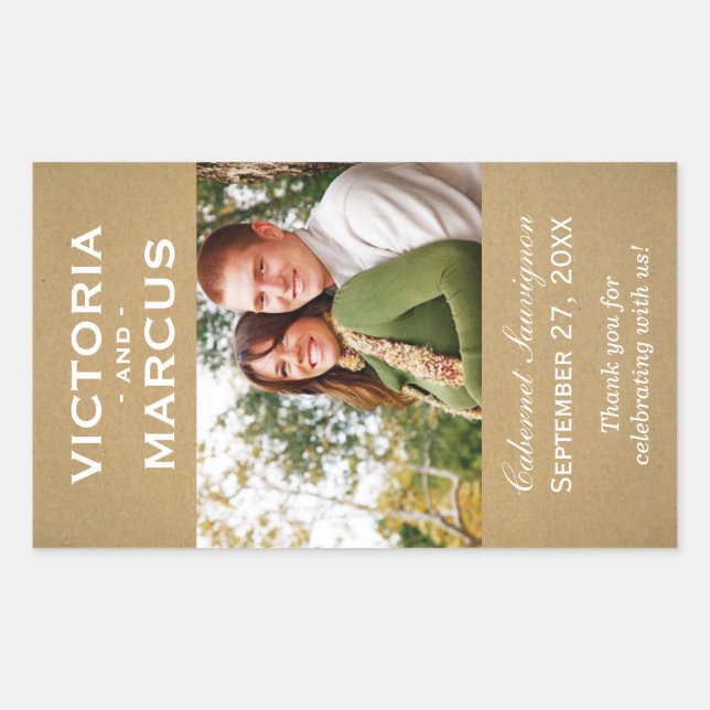 Rustic Kraft Wedding Monogram Photo Wine Favor Rectangular Sticker (Front)