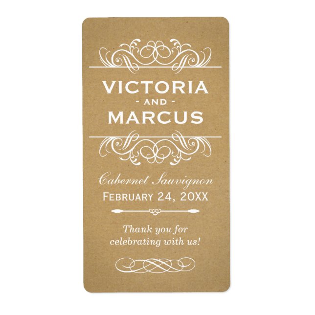 Rustic Kraft Wedding Monogram Wine Bottle Favor Label (Front)