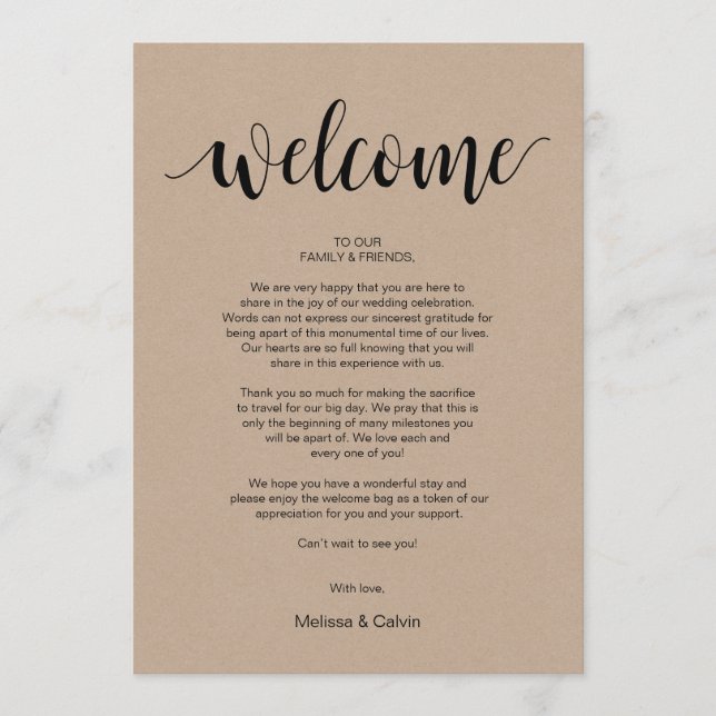 Rustic Kraft Wedding Welcome and Itinerary Card (Front)