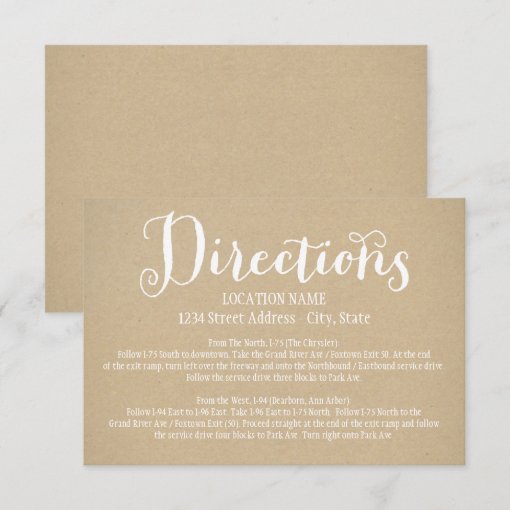 Rustic Kraft Wedding White Script Directions Enclosure Card | Zazzle