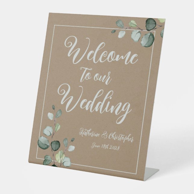 Rustic Kraft Welcome To Our Wedding Eucalyptus Pedestal Sign (Front)