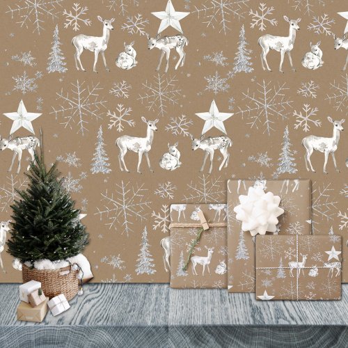 Rustic Kraft White Baby Doe Deer Silver Snowflakes Wrapping Paper Sheets