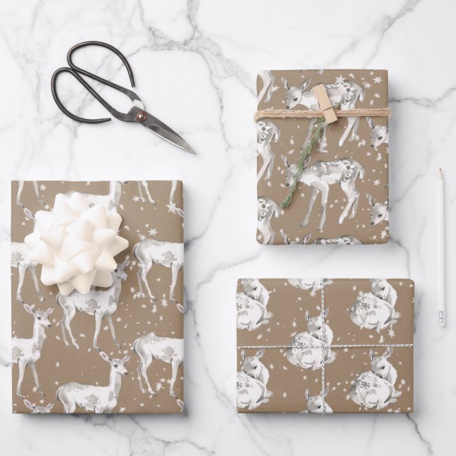 Rustic Kraft White Baby Doe Reindeers Snowflakes Wrapping Paper Sheets (Front)
