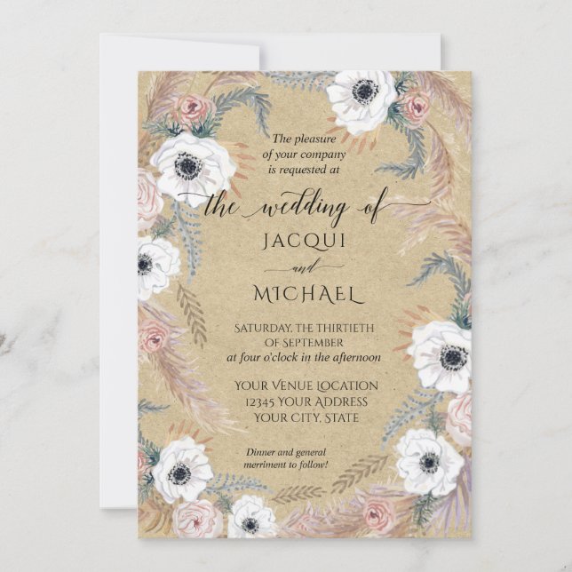 Rustic Kraft White Floral BOHO Pampas Grass Tropic Invitation (Front)