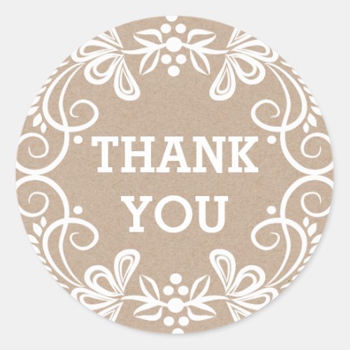 Rustic Kraft White Floral  Thank You Classic Round Sticker
