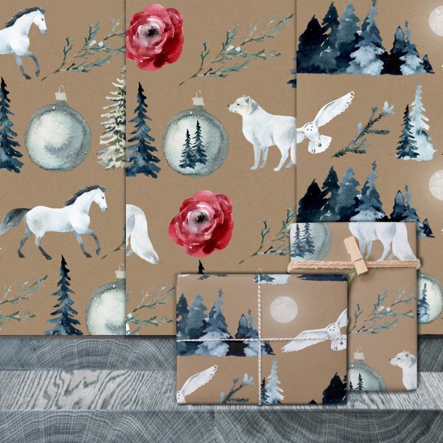 Rustic Kraft White Horse Arctic Fox Snowy Owl Wrapping Paper Sheets (Rustic Kraft White Horse Arctic Fox Snowy Owl Christmas Holiday Gift Wrapping Paper Sheets Trio)