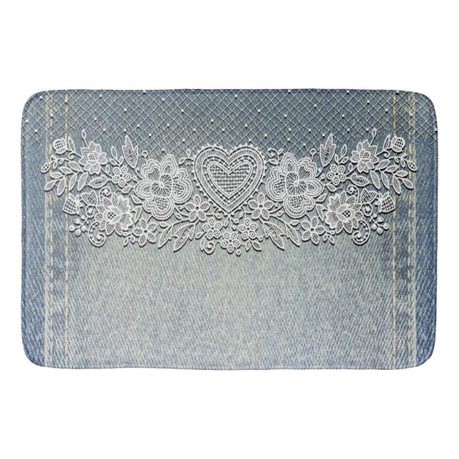 Rustic Kraft & White Lace Lacy Farmhouse Bath Mat (Front)