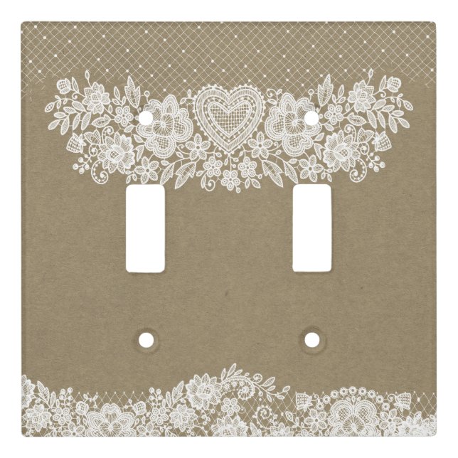 Rustic Kraft & White Lace Lacy Farmhouse Chic Light Switch Cover (Front)