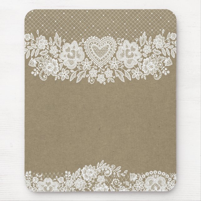 Rustic Kraft & White Lace Lacy Farmhouse Chic Mouse Pad (Front)