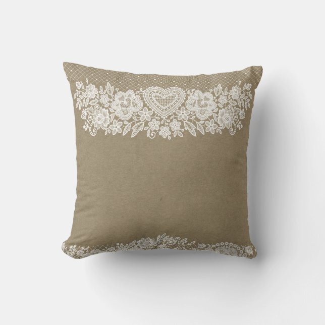 Rustic Kraft & White Lace Lacy Farmhouse Chic Throw Pillow (Front)