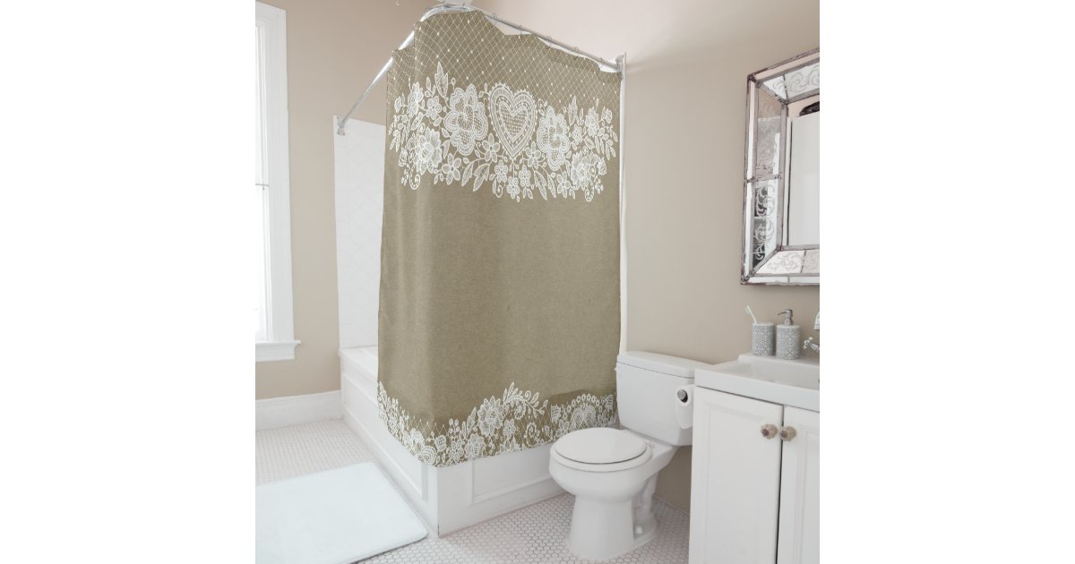 Rustic Kraft White Lace Lacy Farmhouse Shower Curtain Zazzle