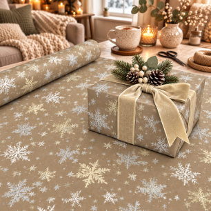Rustic Kraft White Silver Gold Snowflakes Wrapping Paper