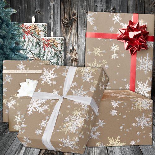 Rustic Kraft White Silver Gold Snowflakes Wrapping Paper