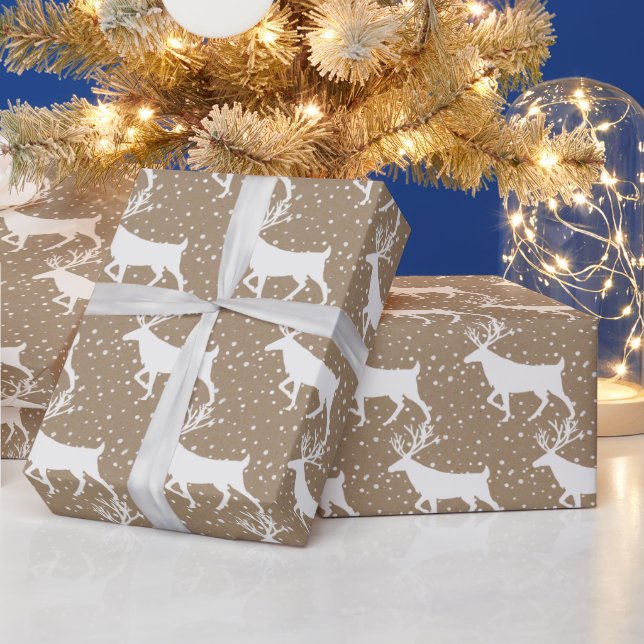 Rustic Kraft White Stag Reindeer Snowfall Wrapping Paper (Holidays)