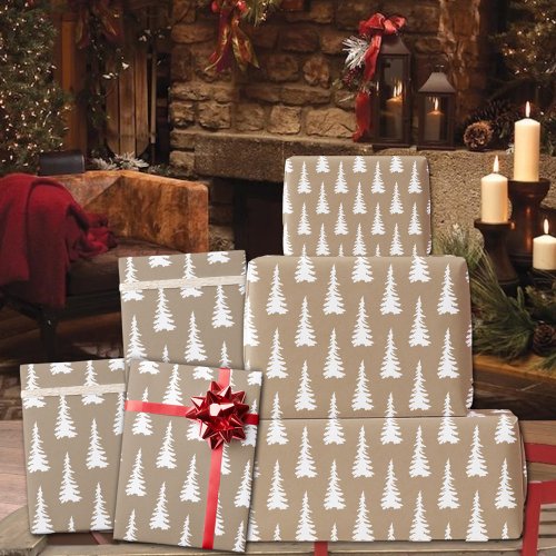 Rustic Kraft White Woodland Christmas Trees Wrapping Paper