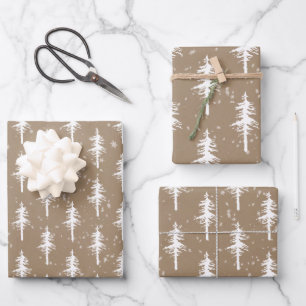 Rustic Kraft White Woodland Sparse Spruce Trees Wrapping Paper Sheets
