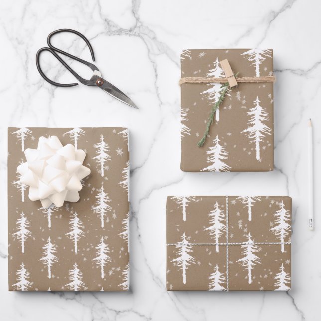 Rustic Kraft White Woodland Sparse Spruce Trees Wrapping Paper Sheets (Front)