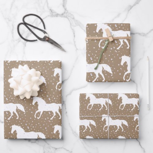 Rustic Kraft Wild White Horses In Snowfall Wrapping Paper Sheets