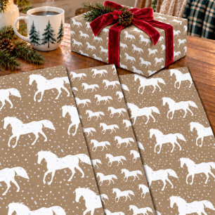 Rustic Kraft Wild White Horses In Snowfall Wrapping Paper Sheets