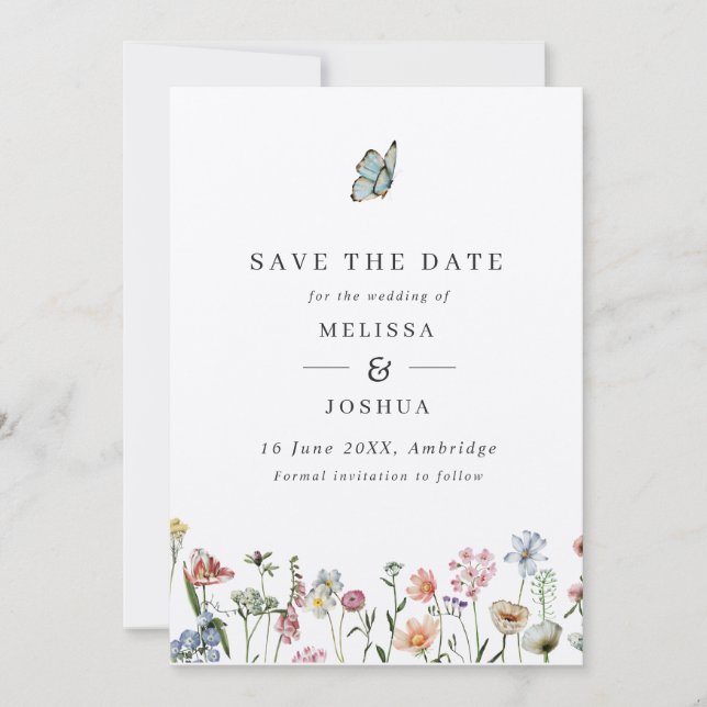Rustic Kraft Wildflowers & Butterfly Wedding Save The Date (Front)