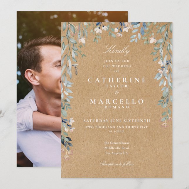 Rustic Kraft Wildflowers Floral Photo Wedding Invitation (Front/Back)