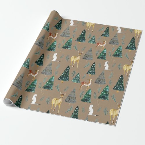 Rustic Kraft Winter Animals Green Spruce Trees Wrapping Paper