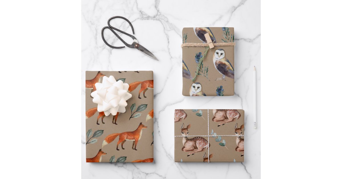 Forest Woodland Animals Fox, Deer, Rabbit & Floral Wrapping Paper Sheets