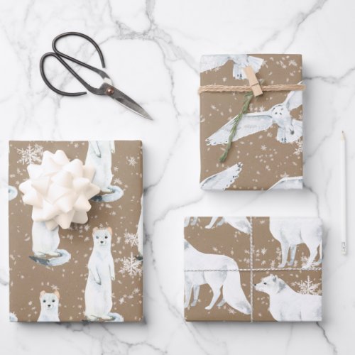 Rustic Kraft Winter Arctic Animals Ermine Owl Fox  Wrapping Paper Sheets