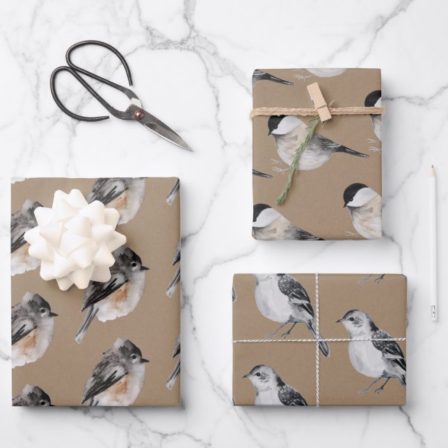 Rustic Kraft Winter Birds Sparrows Chickadees Wrapping Paper Sheets (Front)
