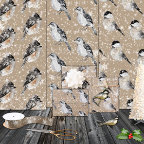 Rustic Kraft Winter Birds Sparrows Chickadees Wrapping Paper Sheets