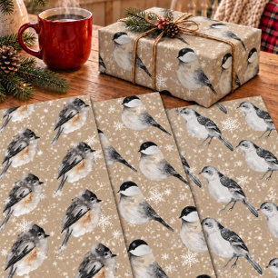 Rustic Kraft Winter Birds Sparrows Chickadees Wrapping Paper Sheets