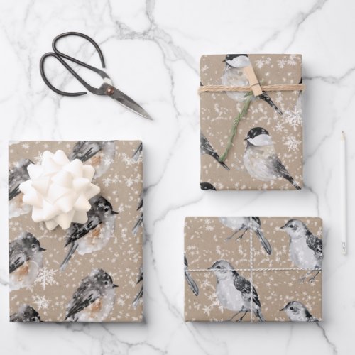 Rustic Kraft Winter Birds Sparrows Chickadees Wrapping Paper Sheets