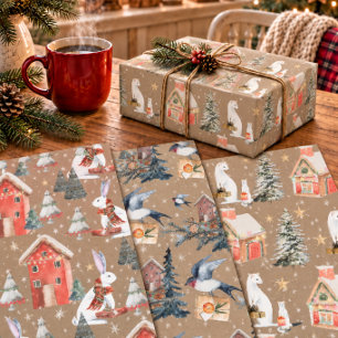 Rustic Kraft Winter Holiday Gift-Giving Animals Wrapping Paper Sheets