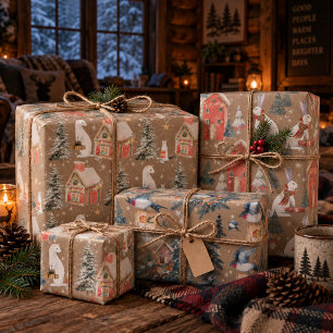 Rustic Kraft Winter Holiday Gift-Giving Animals Wrapping Paper Sheets