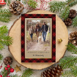 Rustic Kraft Winter Plaid Christmas Photo Foil Holiday Card<br><div class="desc">Send holiday greetings to friends and family with our rustic elegant photo cards featuring a wintry buffalo plaid pattern and a kraft background framing your vertical favorite photo. Personalize with two lines of custom text; shown with "Merriest Christmas" and your family name. Gold foil trim adds a luxe touch to...</div>