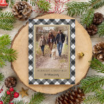 Rustic Kraft Winter Plaid Christmas Photo Foil Holiday Card<br><div class="desc">Send holiday greetings to friends and family with our rustic elegant photo cards featuring a wintry buffalo plaid pattern and a kraft background framing your vertical favorite photo. Personalize with two lines of custom text; shown with "Merriest Christmas" and your family name. Gold foil trim adds a luxe touch to...</div>