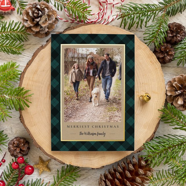Rustic Kraft Winter Plaid Christmas Photo Foil Holiday Card (Creator Uploaded)