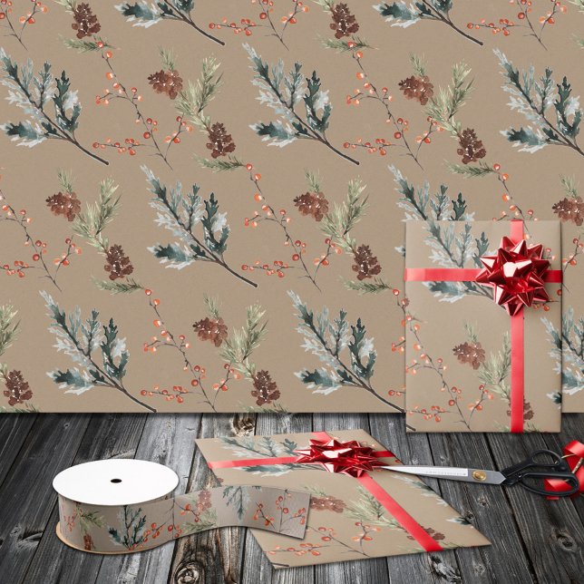 Rustic Kraft Winter Spruce Cones & Berries Matte Wrapping Paper (Rustic Kraft Winter Spruce Cones & Berries Christmas Holiday Matte Gift Wrapping Paper Rolls.)