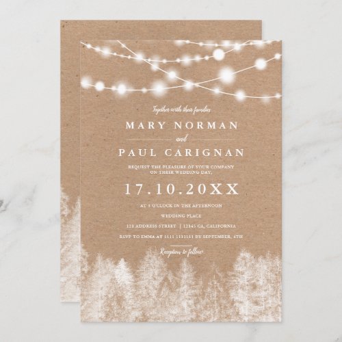 Rustic kraft  winter string lights forest wedding invitation