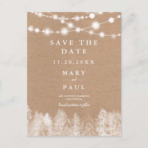 Rustic kraft winter string lights save the date announcement postcard