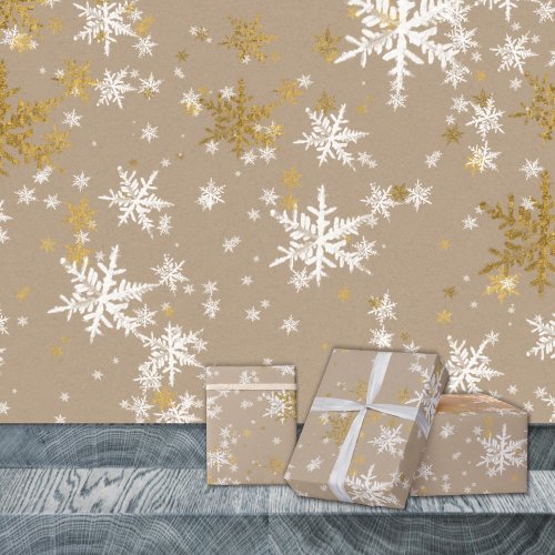 Rustic Kraft Winter White  Gold Snowflakes Wrapping Paper