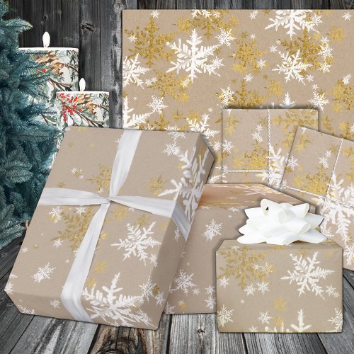 Rustic Kraft Winter White  Gold Snowflakes Wrapping Paper