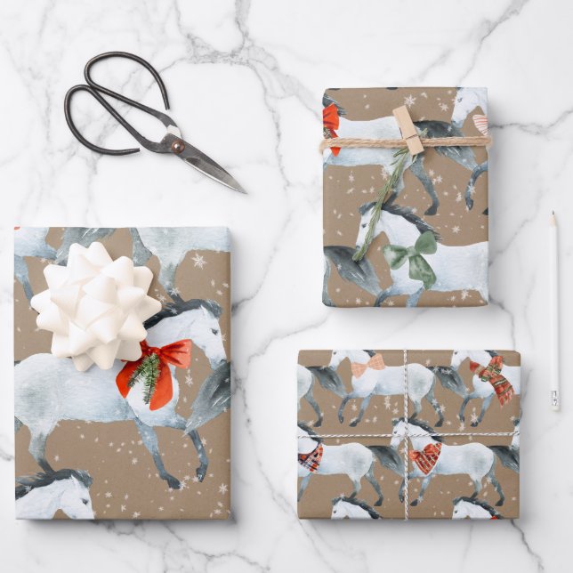 Rustic Kraft Winter White Holiday Horses  Wrapping Paper Sheets (Front)